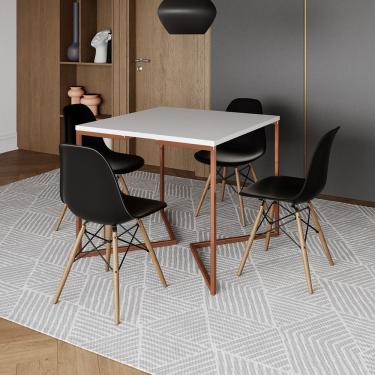 Imagem de Mesa Industrial Jantar Quadrada Branca 90X90Cm Base Cobre V Com 4 Cadeiras Pretas Madei Branco