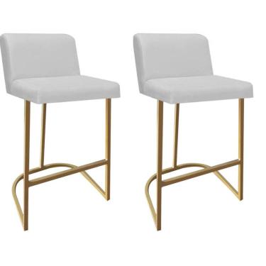 Imagem de Kit 02 Banquetas Com Encosto Noah Luxo Confort Ferro Dourado Corino Branco
