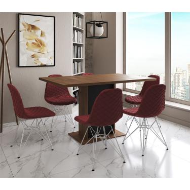 Imagem de Mesa Jantar Londres Retangular Amêndoa 137X90 Base Preta 6 Cadeiras Estofadas Vermelho Ferro Branco