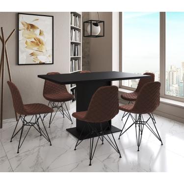 Imagem de Mesa Jantar Londres Retangular Preta 137X90Cm 6 Cadeiras Estofadas Caramelo Ferro Preto