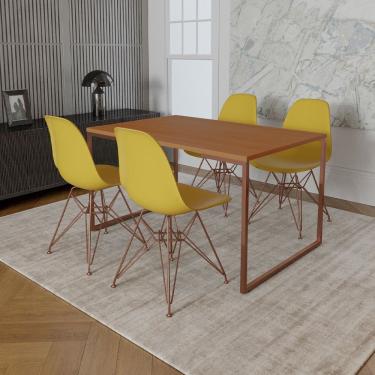 Imagem de Mesa Industrial Base Ferro Cobre Tampo 137X90 Canela 4 Cadeiras Ferro Cobre Assento Amarelo Marrom