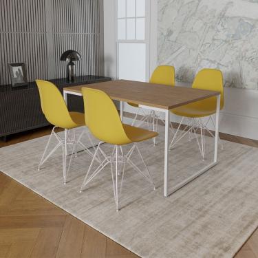 Imagem de Mesa Industrial Base Ferro Branco Tampo, Amêndoa 4 Cadeiras Ferro Branco Assento Amarelo Marrom