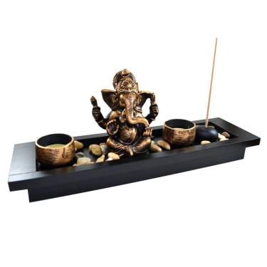 Imagem de Terrário Bandeja Areia Altar Ganesha Jardim Zen Decorativo Porta Vela Incenso Madeira 14cm