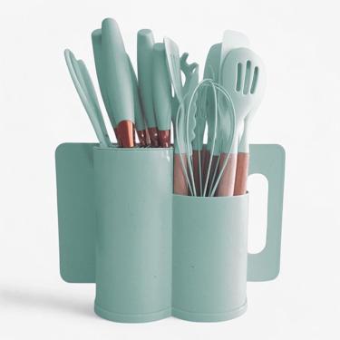 Imagem de Kit Completo De Cozinha 19 Utensílios De Silicone E Madeira Com Porta Talheres Oval - Verde