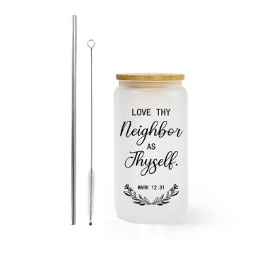 Imagem de AGH Presentes lata de vidro fosco para homens e mulheres, copo de vidro de 473 ml com tampas Banboo e canudo, For Love Thy neighbor AS Thyself Copo de vidro para Ice Coffe Smoothie Whisky Soda Tea.1