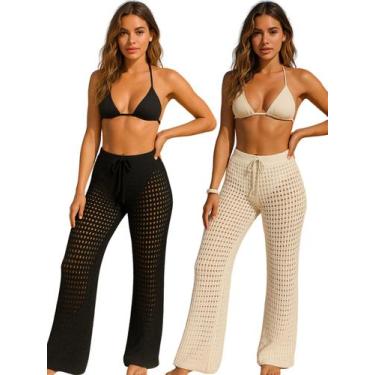 Imagem de Kit 2 Calça Saída De Praia Lisa Tricot Pantolona Crochê Tendência Moda