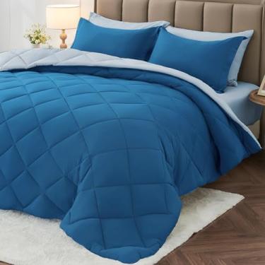 Imagem de MUXHOMO Jogo de cama solteiro GG de 5 peças, cama reversível em uma bolsa, tamanho twin GG, todas as estações, lençol de cima, lençol com elástico, fronhas e fronhas, azul-petróleo e azul lago