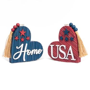 Imagem de Valery Madelyn Decorações De Mesa Para O 4 Julho, 2 Peças Decoração Madeira Memorial Day, Patriótica, Centro Em Forma Coração, Placa Americana Vermelha, Branca E Azul Dia Da Independência, 4"