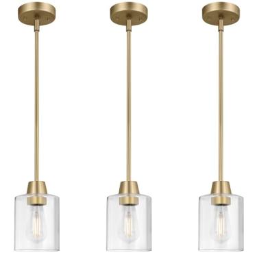Imagem de CRAFTRONOS Pacote Com 3 Luminárias Pendentes De Latão 1 Luminária Para Ilha Cozinha, Lustre Moderno Dourado Cúpula Vidro Transparente, Hastes Ajustáveis Múltiplas Hastes, Soquete E26 Sala Jantar, Qu