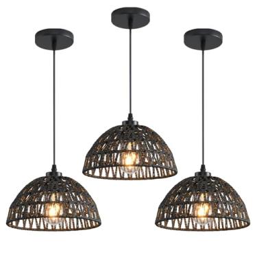 Imagem de AOJUNSANSAN Pacote Com 3 Luminárias Pendentes De Vime Preto 10,2" Cesta Estilo Fazenda, Luminária Pendente Boho Ajustável Para Cozinha, Ilha, Quarto, Sala Jantar, Hall Entrada E Corredor