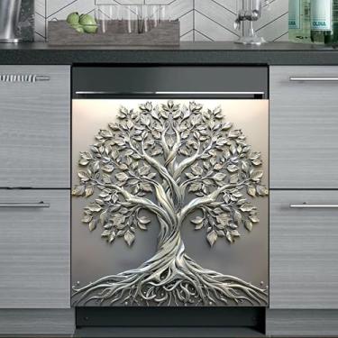 Imagem de Árvore da vida capa magnética para máquina de lavar louça capa de geladeira painel decalque decoração de cozinha doméstica, armário de máquina de lavar roupa reutilizável capas de lava-louças, 66 x 58
