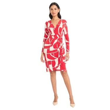 Imagem de Maggy London Vestido feminino de manga comprida com decote em V, amarrado no cinto, comprimento até o joelho, Vermelho/marfim, 50