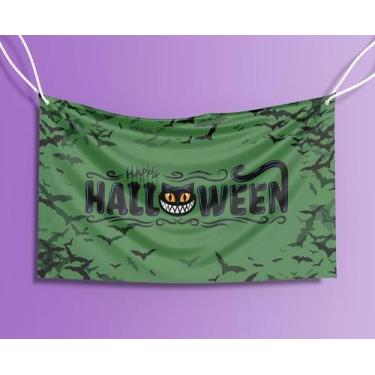 Imagem de Bandeira Decorativa Gato Happy Halloween 80cmx140cm Tecido Oxford 100%