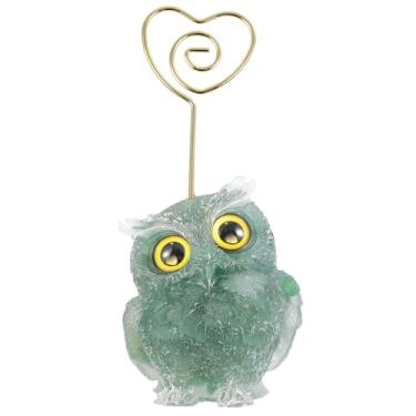 Imagem de Nupuyai Suporte de clipe de cartão de coruja de resina esculpida estátua de pedra de coruja com clipe de coração suporte de clipe de memorando para decoração de escritório em casa, aventurina verde