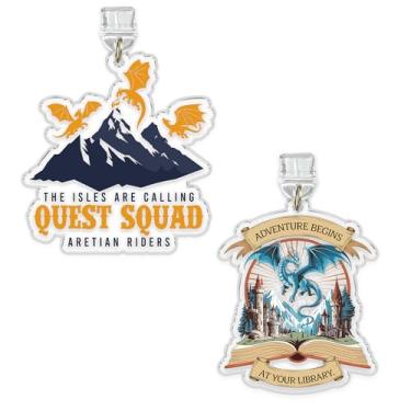 Imagem de Conjunto de 2 peças Adventure Begins At Your Library, The Isl*s Are Calling Quest Squad Riders Kindle Charms Dust Plug Charm 1,5 polegadas Fourth Wing Dragon Book Club Fantasy Lightning/Material