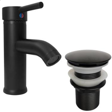 Imagem de Dona D Cor, Torneira Preta Pia Banheiro Bica Baixa E Valvula Click 1 1/4 Inox Torneira Redonda Monocomando Misturador Ralo Escoamento Kit Lavabo Preto Fosco Luxo