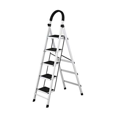 Imagem de Escada De 5 Degraus, Aço Resistente, Dobrável, Portátil Com Tapete Antiderrapante Multicolou Fácil De Guardar E Fácil De Transportar, White, White