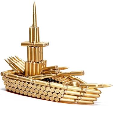 Imagem de Lovisun Esculturas de veículos militares de concha de bala - Tanque artesanal, avião, navio de guerra, decoração de arte de metal para casa, escritório, sala de estudo para homens, veteranos (modelo