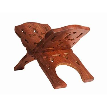 Imagem de IBLAY Belamente esculpido à mão Quaran Holy Geeta Suporte de Bíblia Suporte para leitura de livros, suporte dobrável de oração religiosa, suporte de madeira para livro sagrado (suporte de comida 2)