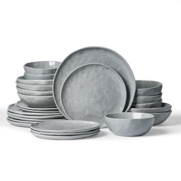 Imagem de Famiware Conjunto de pratos e tigelas de cozinha de porcelana, conjunto de pratos modernos para 6, conjuntos de louça ondulados feitos à mão, utensílios de mesa para micro-ondas e lava-louças, cinza