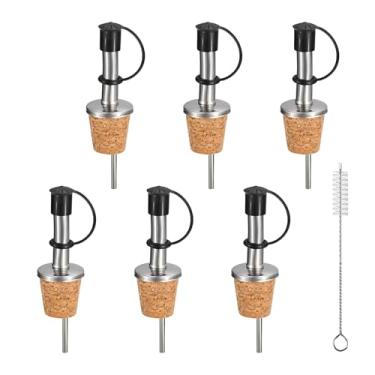 Imagem de 6 peças de garrafa de cortiça de aço inoxidável com tampas de borracha, bico de azeite, rolhas de garrafa de vinho com design de cortiça para derramar líquido, azeite, vinho, vinagre