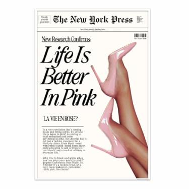 Imagem de YAXZLWR Pôster de notícias rosa retrô, decoração de quarto de coquete, impressões de arte de parede rosa modernas de Nova York, decoração de sala de lona dos anos 70, apartamento estético, para quarto