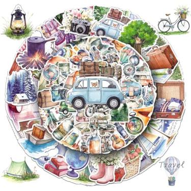 Imagem de Adesivos de viagem e acampamento em aquarela 100 peças – Decalques de vinil à prova d'água com barracas retrô, malas, binóculos, câmeras e bússola – Estética para diários, garrafas – Ideal para
