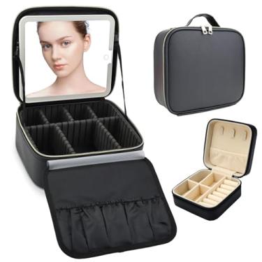 Imagem de SLUMAZI Bolsa de maquiagem de viagem com espelho de LED com 3 configurações iluminadas, divisórias ajustáveis, bolsa de armazenamento de pincéis de maquiagem e estojo de joias preta