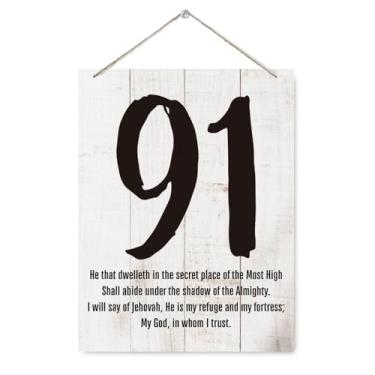 Imagem de Placa de madeira com versículo bíblico salmo 91, placas de decoração religiosa, placa de parede de madeira de fazenda, arte de decoração cristã para escritório em casa, decoração de sala de estar