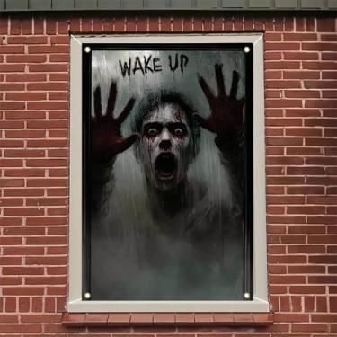 Imagem de Saoplasa Capa de janela de Halloween 118 x 78 cm pôster de zumbi assustador adesivo de janela de terror decoração de casa assombrada decalque assustador mãos sangrentas decalque com letras acordar