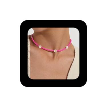 Imagem de Erimberate Colar gargantilha de contas de arroz boêmio, minimalista, flores, contas de arroz, colares, colares de contas de sementes brancas, colar pequeno de flores esmaltadas, joias para mulheres