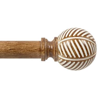 Imagem de Zeerobee Varões de cortina de madeira para janelas 32 a 48, varões de cortina resistentes de 2,5 cm com acabamentos de imitação de padrão de folha de grão de madeira, poste de cortina moderno