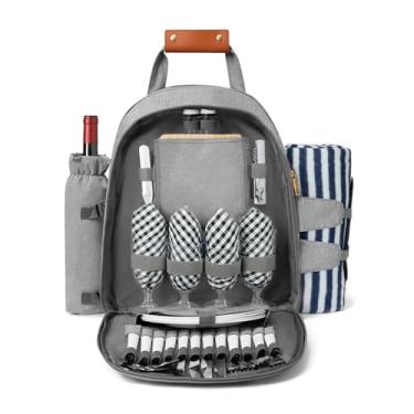 Imagem de Mochila de piquenique para 4 pessoas com compartimento refrigerador e suporte de vinho, cobertor de lã, conjunto de talheres, para acampamento, praia, viagem de um dia, caminhadas, churrasco e