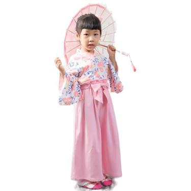 Imagem de Fantasia de quimono para meninas, conjunto de roupas de samurai para crianças, vestido de princesa japonês, fantasia de Halloween, cosplay, capa rosa