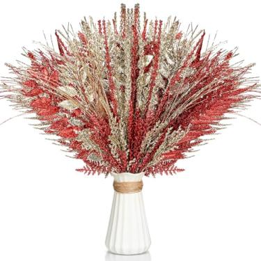 Imagem de Motionchic 50 palhetas e sprays de árvore de Natal, galhos de pinheiro com glitter, hastes de ramo com glitter para decoração de guirlanda de vaso de Natal (vermelho, dourado)