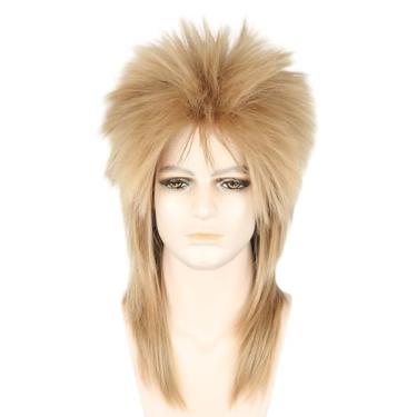 Imagem de LeMarnia Peruca masculina estilo tainha loira com pontas dos anos 80 para homens e mulheres Heavy Metal Punk Rock Peruca engraçada de Halloween