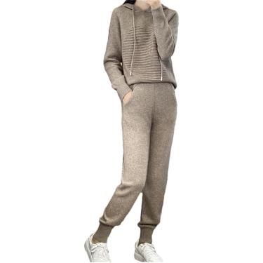 Imagem de Terno Outono Inverno Feminino 100% Lã Merino Com Capuz Pulôver Casual Sweatpants Malha Conjunto De 2 Peças, khaki9, M