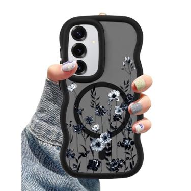 Imagem de Aitipy Capa para celular compatível com MagSafe para Samsung Galaxy S24 Plus, linda ondulada, preta, estampa floral, design magnético, capa protetora de silicone macio e TPU para mulheres e meninas