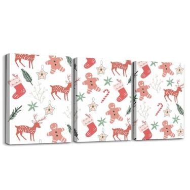 Imagem de jejeloiu Arte de parede em tela de Natal para sala de estar quarto pintura de cervo fofo decoração de pão de gengibre homem crianças meninos meninas imagem arte bengala doce impressão pôsteres 30,5 x