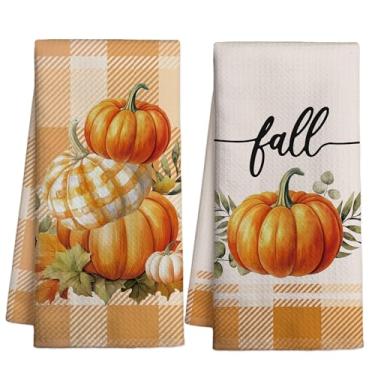 Imagem de Conjunto de toalhas de cozinha de abóbora com 2 panos de prato de outono para cozinha, banheiro, decoração de casa, toalhas de chá de outono para presentes de limpeza para inauguração de casa, Dia de