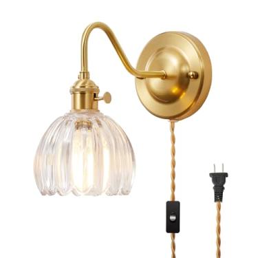 Imagem de Lâmpada de parede vintage plug-in com persiana de vidro transparente soprada à mão, luminária de parede de latão com interruptor e cabo torcido, soquete E26/E27, lâmpada de parede retrô para quarto