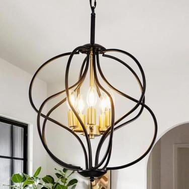 Imagem de Wellmet Lustre moderno preto, luminária pendente de casa de fazenda em ouro preto, lustre Boho de 5 luzes, para sala de estar, sala de jantar, quarto, corredor, entrada