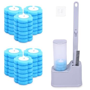 Imagem de Kit de limpeza de escova de vaso sanitário 2 em 1, descartável, conjunto de escova e suporte de vaso sanitário montado na parede com 36 cabeças de substituição, limpeza profunda de 360° para banheiro