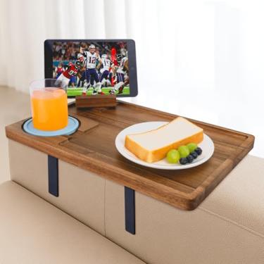 Imagem de Hitseon Mesa de apoio de braço para sofá, bandeja de braço de sofá de madeira de acácia com braçadeira de metal ajustável, bandeja de sofá para TV com suporte giratório de telefone para lanches e