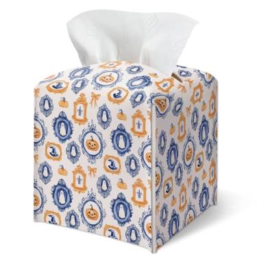 Imagem de Capa de caixa de lenços de Halloween, laranja, xadrez, abóboras, quadrado, couro, organizador de papel facial, decorativo para mesa, mesa, banheiro, cozinha, carro, escritório, decoração de casa-A32