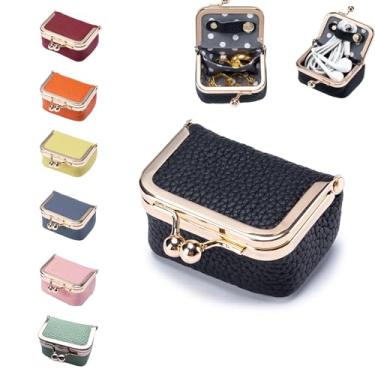 Imagem de FURZART Estojo de viagem de couro legítimo, mini organizador portátil com cadeado Kiss e design antiponta, caixa de joias pequena estável para brincos, anéis, porta-moedas e viagem (6 x 4 cm, preto)