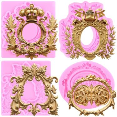Imagem de Mujiang Moldes de fondant de silicone com moldura barroca para decoração de bolos, doces e chocolate, conjunto de 4