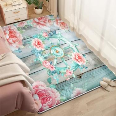 Imagem de CCoutueChen Tapetes de área de âncora para quarto, sala de estar, 10 x 15 cm, tapetes de madeira azul super macios, tapete de navegação de flores para meninos, meninas, adultos, apartamento, berçário