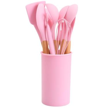 Imagem de Kit Utensílios de Cozinha 12 Peças de Silicone Cabo de Madeira com Suporte Organizador (Rosa)