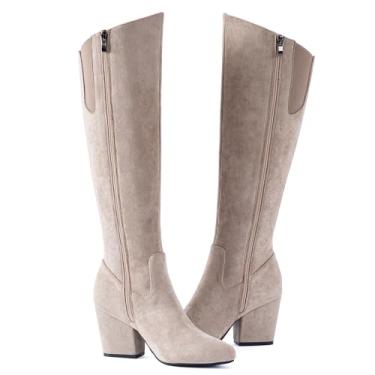 Imagem de N.N.G Botas femininas de cano alto, camurça sintética, marrom pedra preta, salto bloco de 7,6 cm, bico fino, zíper lateral, para uso casual e noturno, Pedra, 38